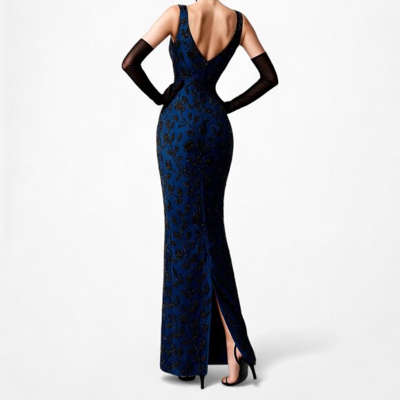 Vintage Y2K Blue Floral Beaded Silk Bodycon Maxi Formal Prom Dress Size L/XL - Picture 2 of 8